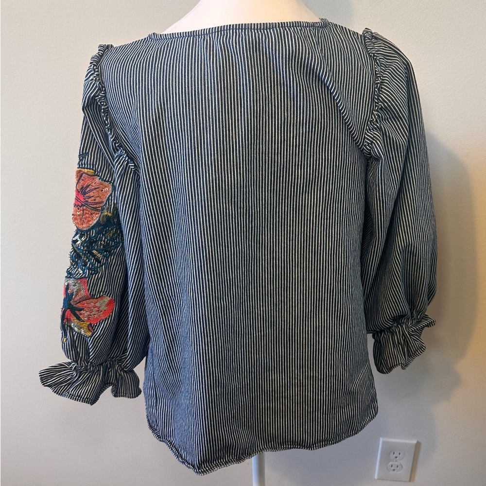 Zara Embroidered Denim Balloon Sleeve Top Size Small - Picture 4 of 6